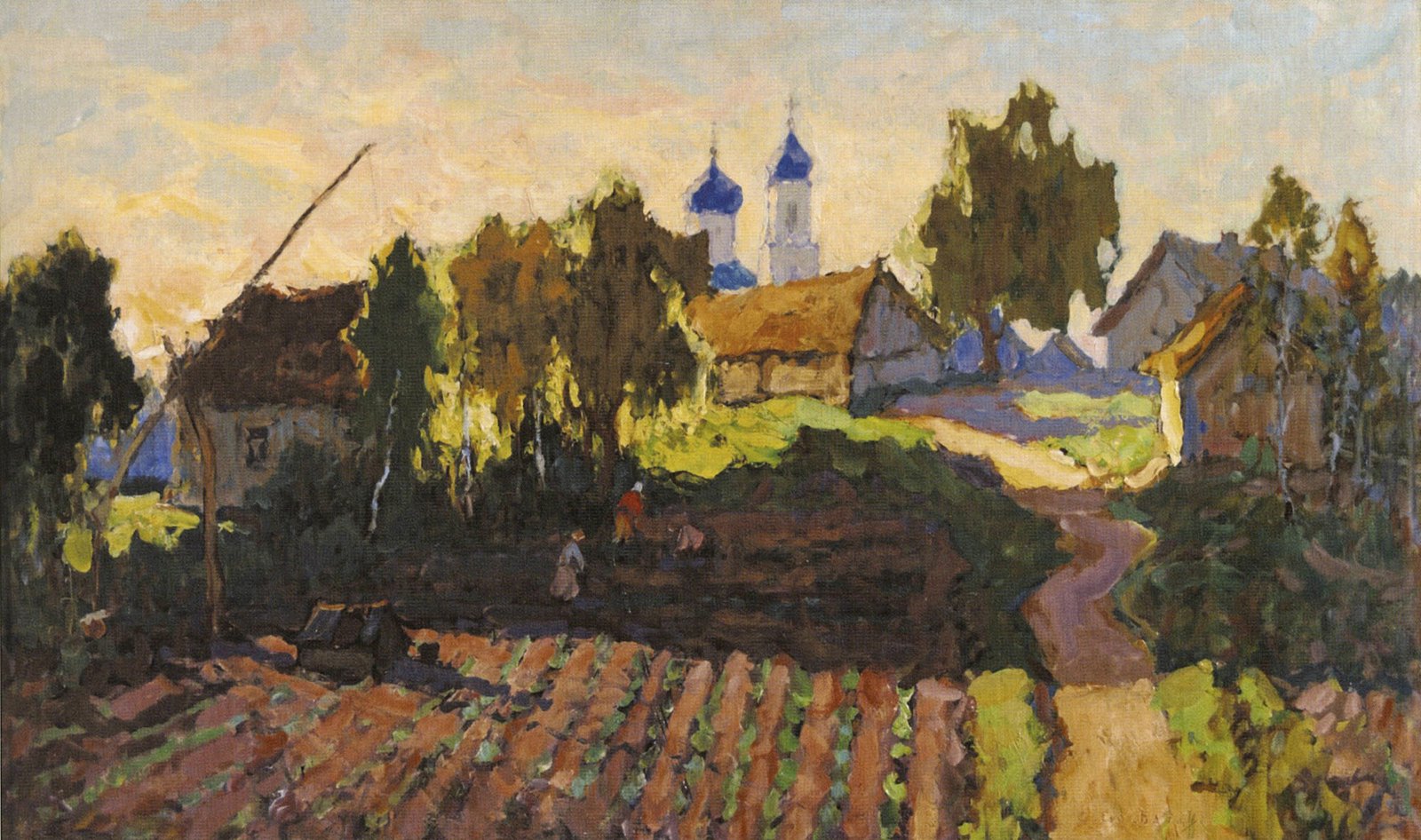 К.И. Горбатов - Деревенский пейзаж с полем и церковью, 1920-е
